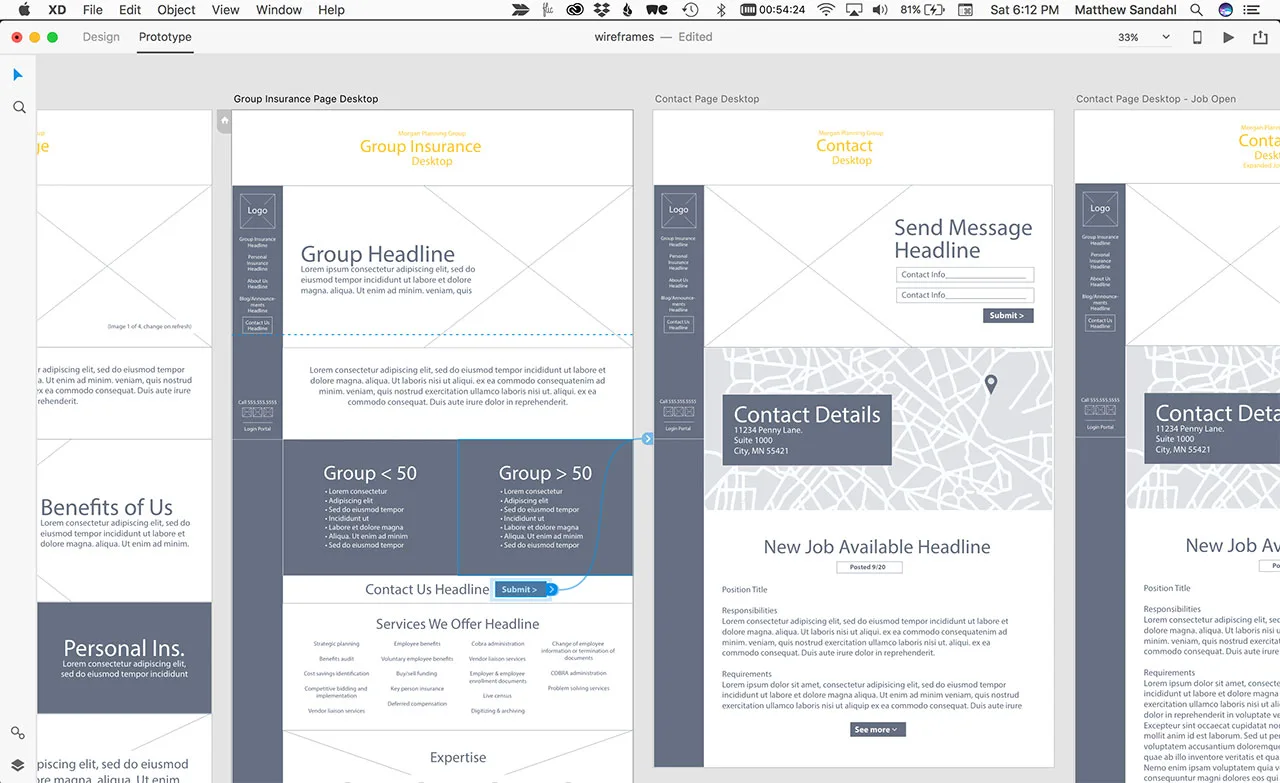 Morgan Planning XD wireframes