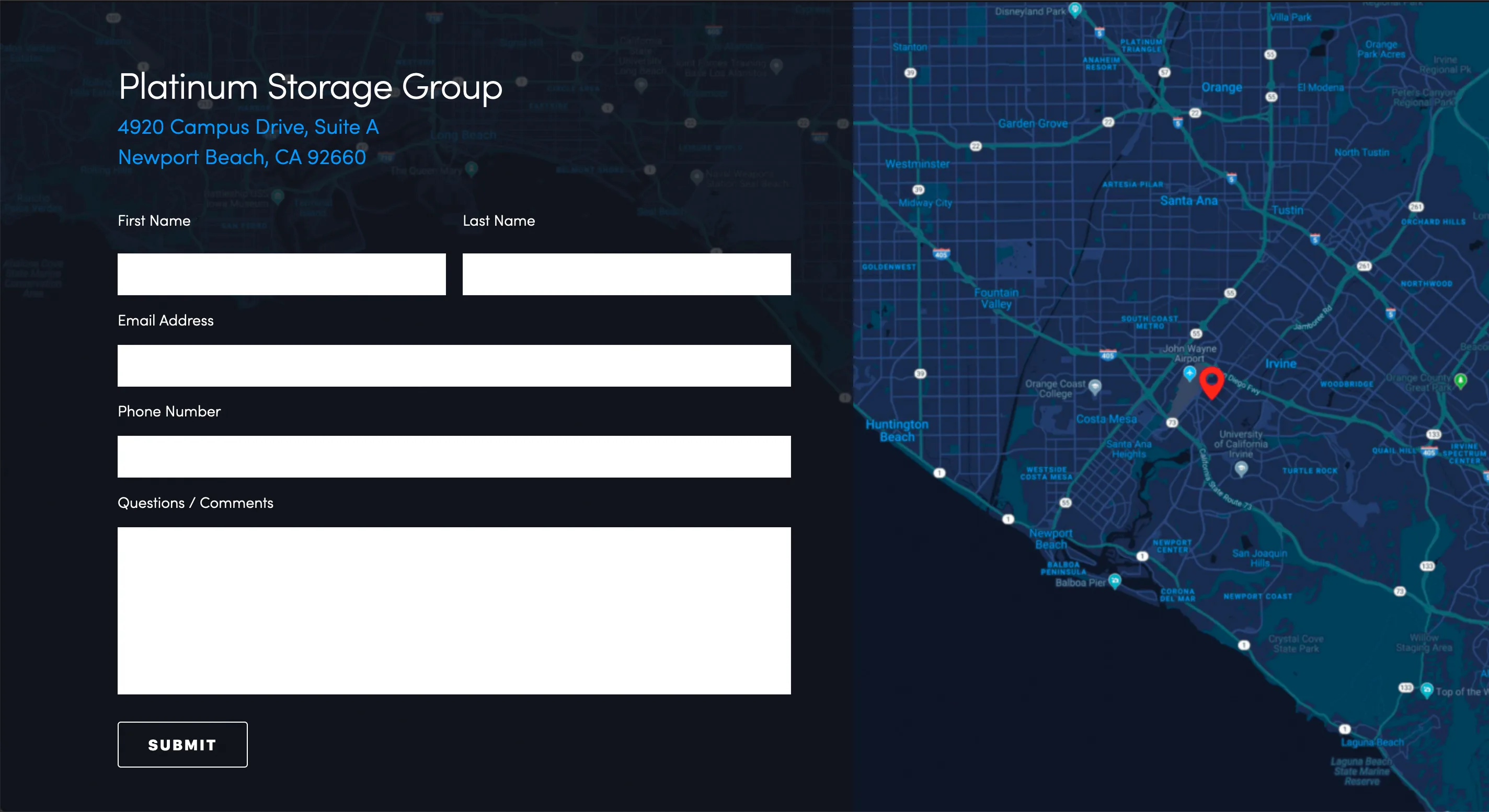 Platinum Storage contact page design